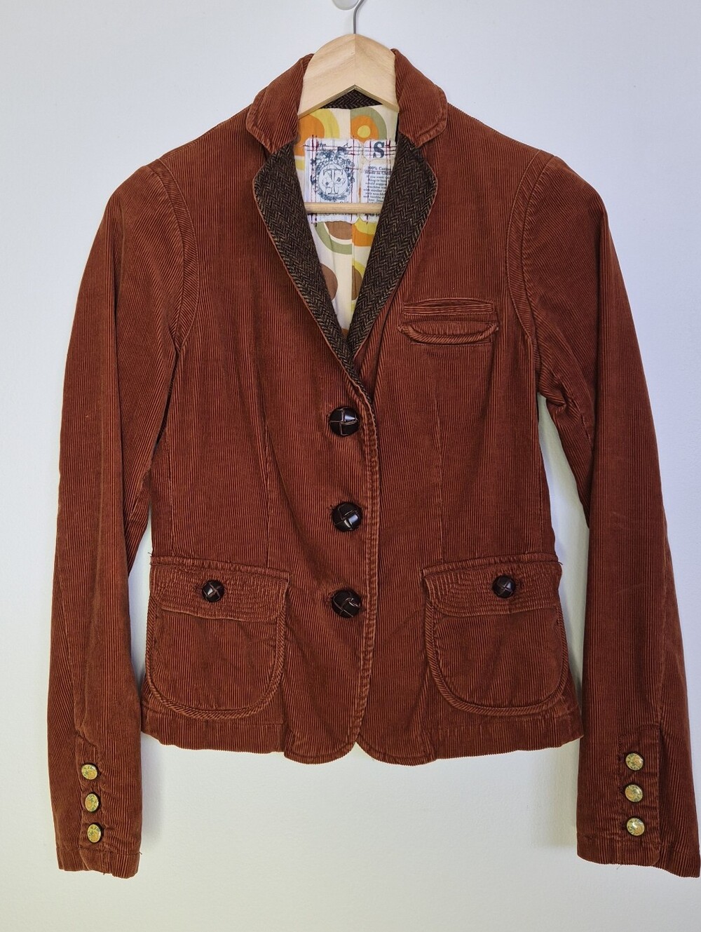 Trovata Vintage Corduroy Rust Orange Blazer Tweed Trim Jacket Size S